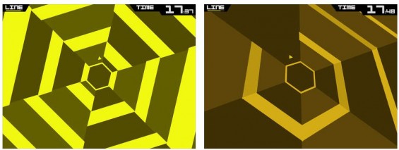 Gibts in allen Farben: Super Hexagon wechselt während des Spiels beständig die Farbe, was es nicht gerade leichter macht, den Barrieren auszuweichen. 